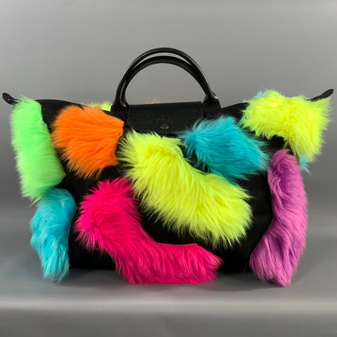 LONGCHAMP Black Color Block Nylon Faux fur Weekender Bag