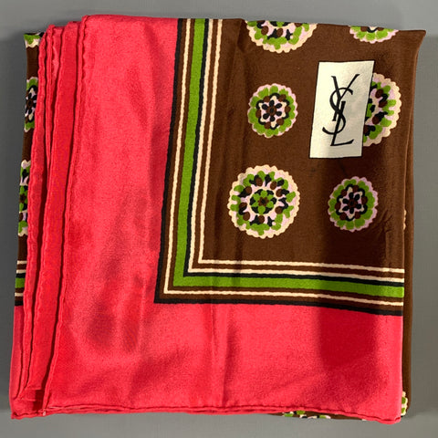 YVES SAINT LAURENT Brown Red Geometric Silk Blend Scarf