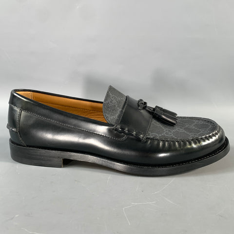 GUCCI 2023 Size 10.5 Black Monogram Leather Tassels Loafers