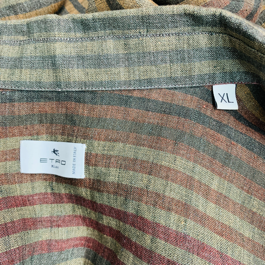 ETRO Size XL Burgundy Green Stripe Linen Oversized Long Sleeve Shirt