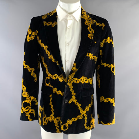 ARIES Chest Size M Black Gold Print Cotton Velvet Notch Lapel Sport Coat