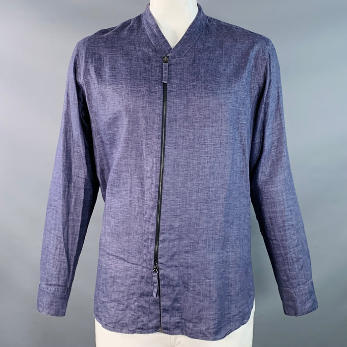 GIORGIO ARMANI Size L Blue Woven Linen Collarless Double Zipper Long Sleeve Shirt