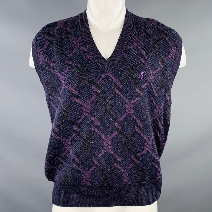 YVES SAINT LAURENT Vintage Size M Purple Knots Wool Blend V-Neck Vest