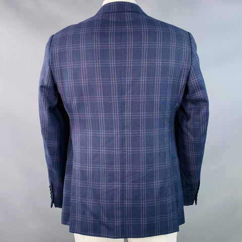ARMANI COLLEZIONI Size 44 Navy Blue Brown Plaid Virgin Wool Notch Lapel Sport Coat