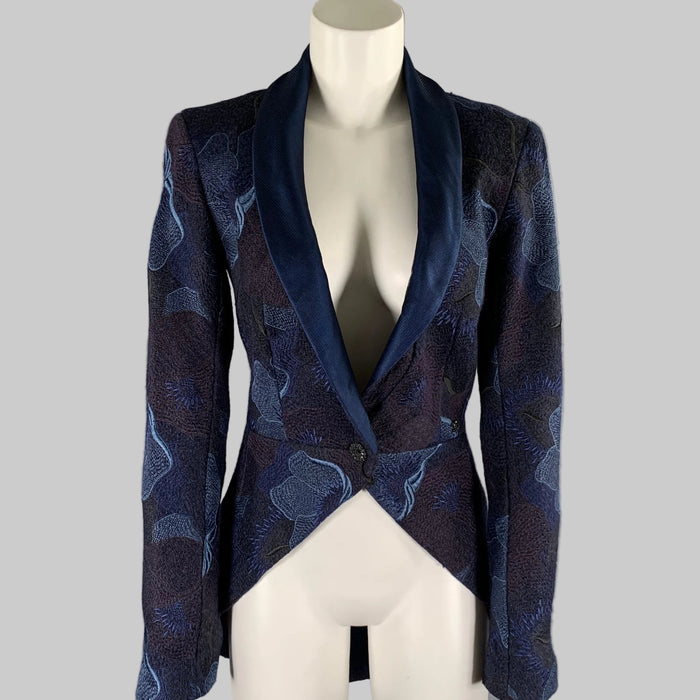 CHANEL Cruise 2022 Size 6 Navy Blue Wool Angora Jacquard Tails Jacket Blazer