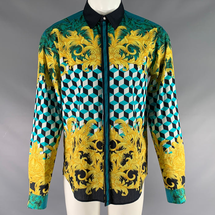 VERSACE JEANS Size S Green Gold Print Cotton Button Up Long Sleeve Shirt