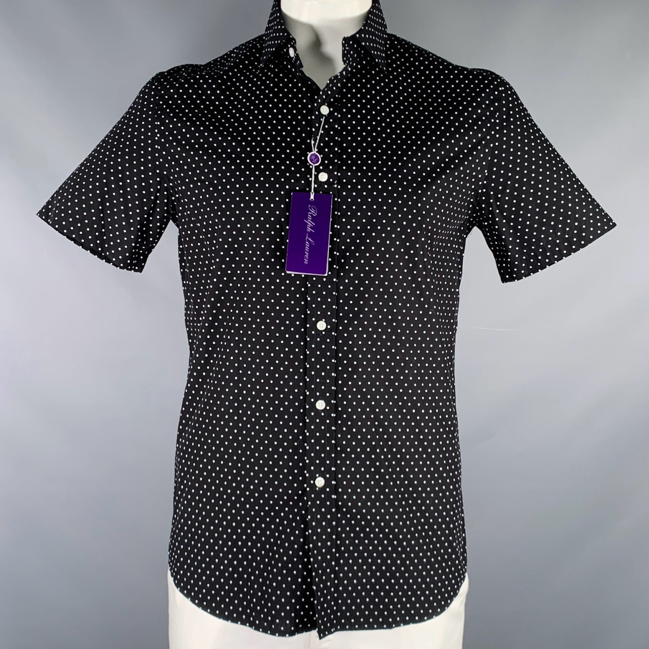 RALPH LAUREN Size L Black White Polka Dot Cotton Button Up Short Sleeve Shirt RALPH LAUREN Size L Black White Polka Dot Cotton Button Up Short Sleeve Shirt