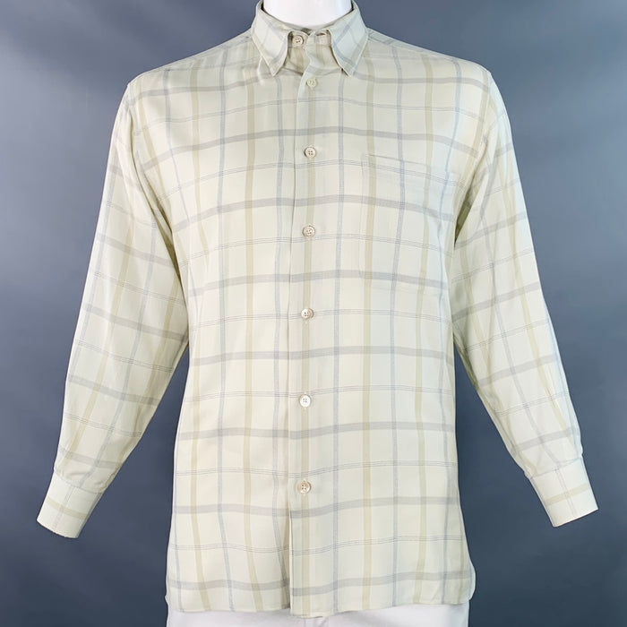 ERMENEGILDO ZEGNA Size L Green Sage Plaid Cotton One Pocket Long Sleeve Shirt