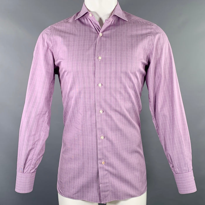ISAIA Size M Purple White Glenplaid Cotton Spread Collar Long Sleeve Shirt