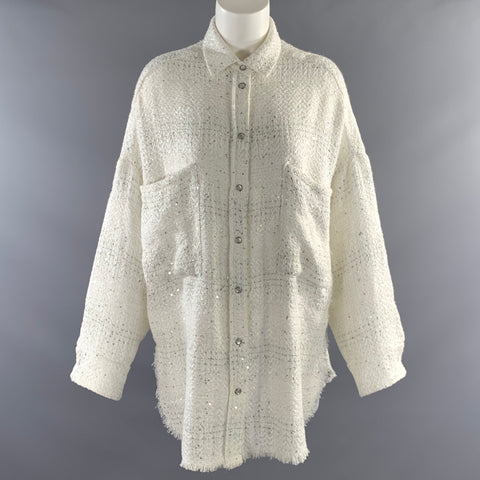 IRO Size M White Silver Polyester Blend Tweed Snaps Shirt