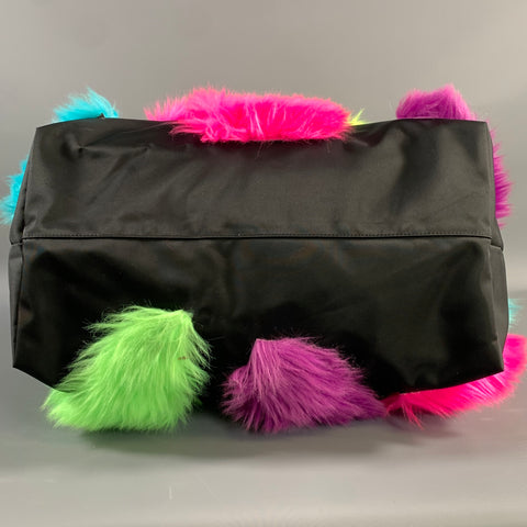 LONGCHAMP Black Color Block Nylon Faux fur Weekender Bag