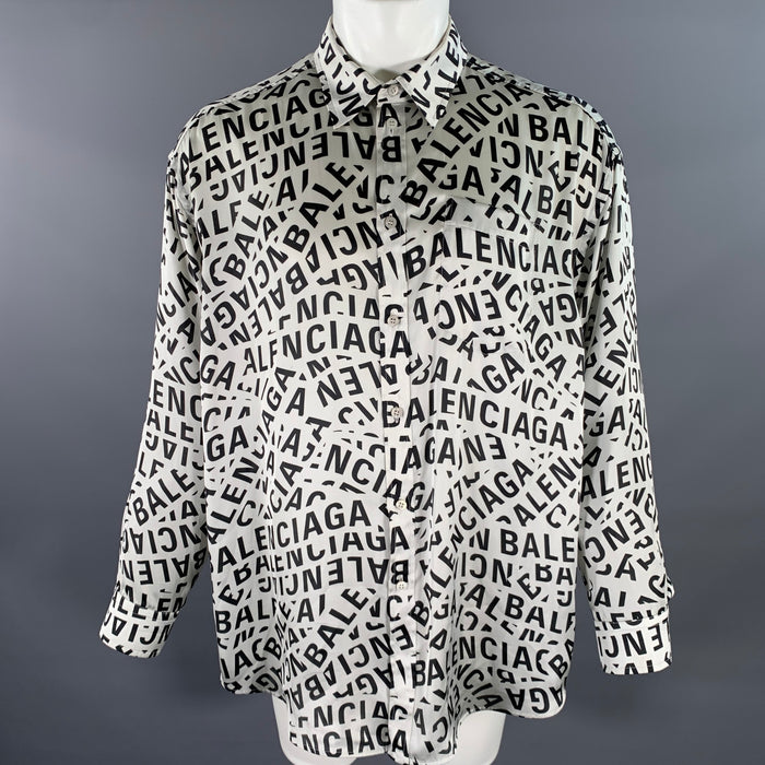 BALENCIAGA Size S Black White Monogram Polyester Button Up Long Sleeve Shirt