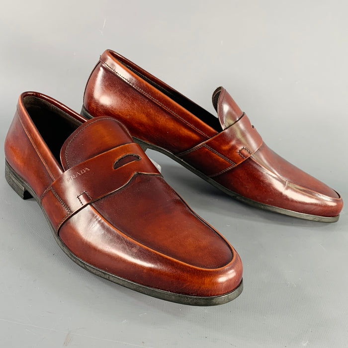PRADA Size 10 Brown Leather Penny Loafers