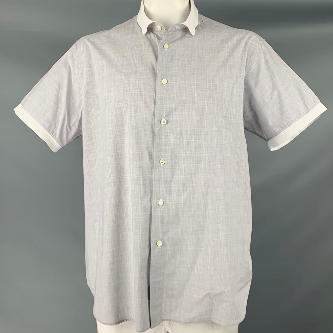 BRIONI Size XXXL Grey White Plaid Cotton Button Up Short Sleeve Shirt