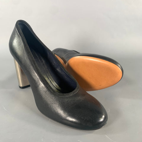 CELINE Size 7.5 Black Silver Leather Slip On Pumps