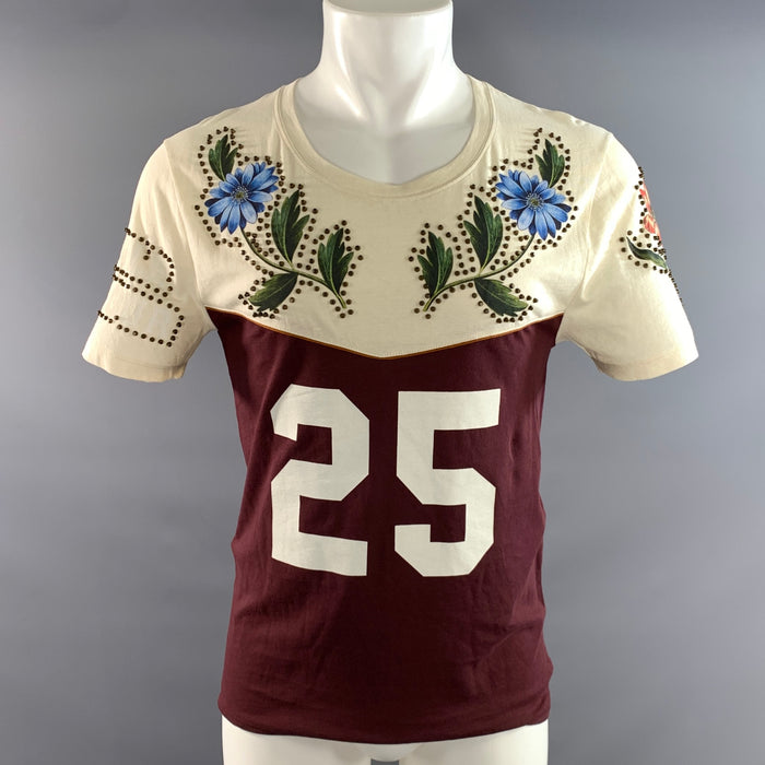 GUCCI Size XS Beige Burgundy Studded Cotton Crew Neck T shirt