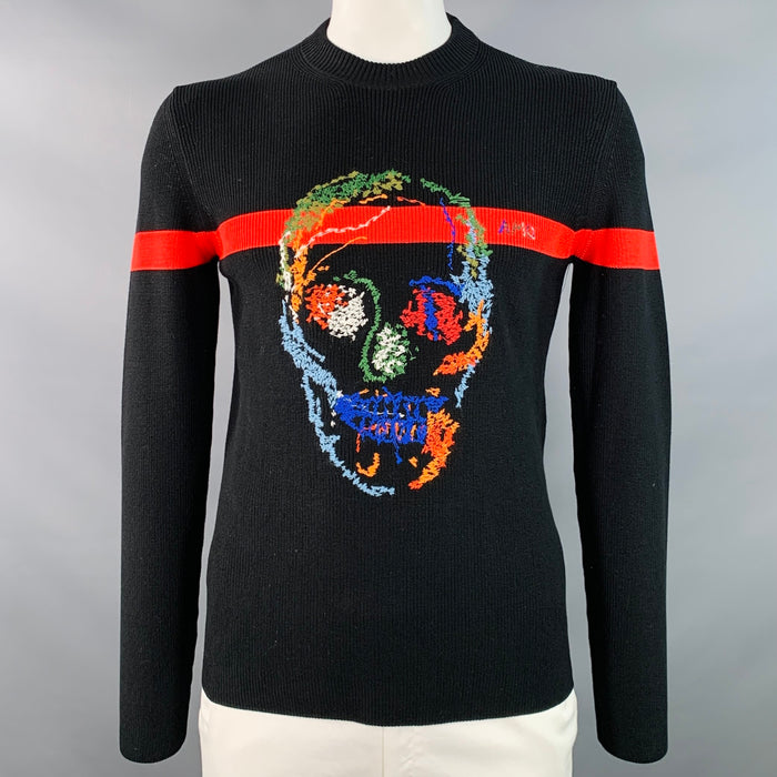 ALEXANDER MCQUEEN 2018 Size L Black Multi Color Embroidery Cotton Crew Neck Sweater
