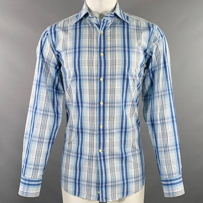ETRO Size M Blue White Plaid Cotton Button Up Long Sleeve Shirt