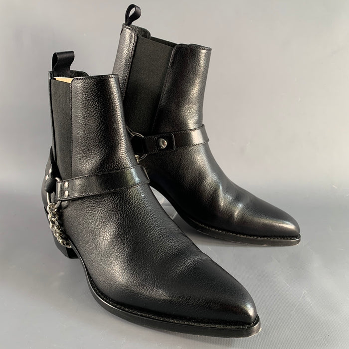 CELINE Size 9 Black Silver Leather Harness Boots