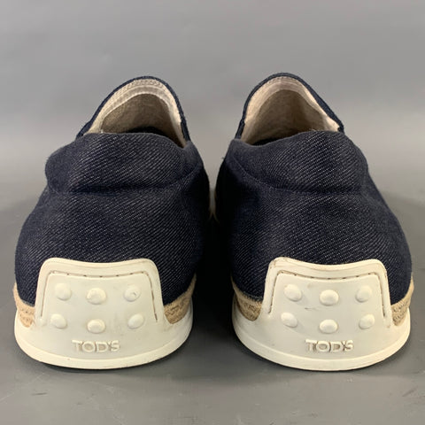 TOD'S Size 10.5 Navy Textured Suede & Canvas Slip On Loafers