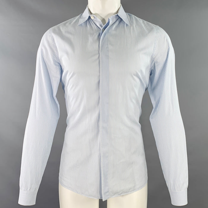 PRADA Size S Blue White Stripe Cotton Hidden Buttons Long Sleeve Shirt