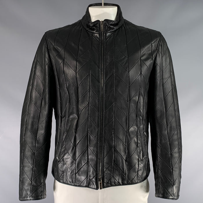 ARMANI COLLEZIONI Size 44 Black Quilted Leather Zip Up Jacket