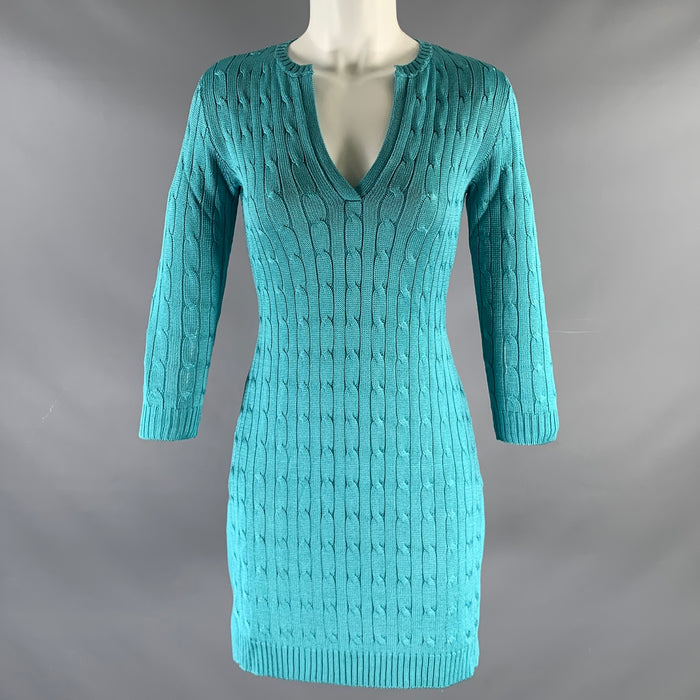 RALPH LAUREN Size S Blue Turquoise Silk Cable Long Sleeve Dress