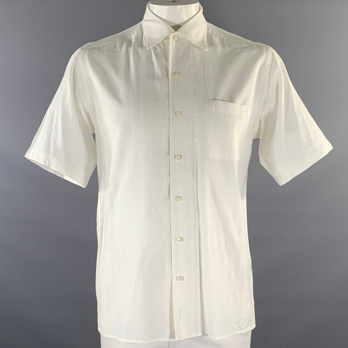 ERMENEGILDO ZEGNA Size L White Stripe Cotton Pointed Collar Short Sleeve Shirt