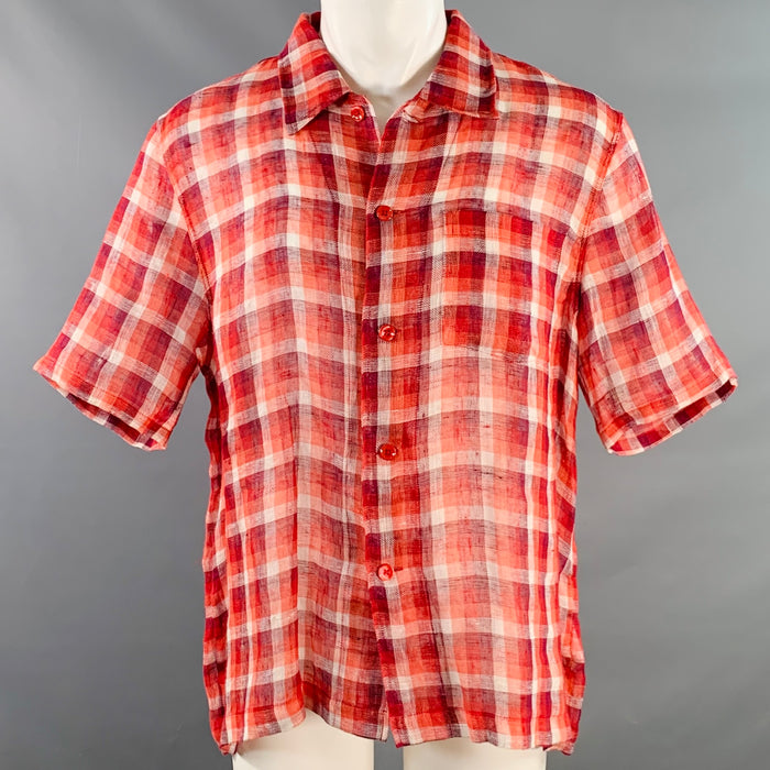 OUR LEGACY Size M Red White Plaid Linen One Pocket Short Sleeve Shirt