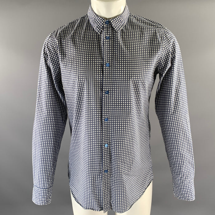 MARNI Size M White Blue Check Pointed Collar Long Sleeve Shirt