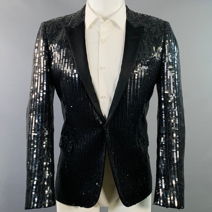 SAINT LAURENT Size 40 Black Polyester Blend Sequined Peak Lapel Sport Coat