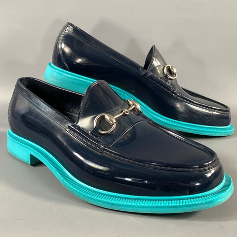 GUCCI 2016 Size 8 Navy Turqoise Rubber Horsebit Loafers