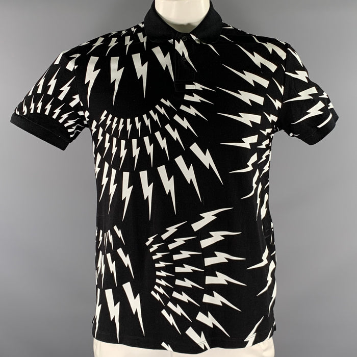 NEIL BARRETT Size L Black White Graphic Cotton Slim Fit Polo