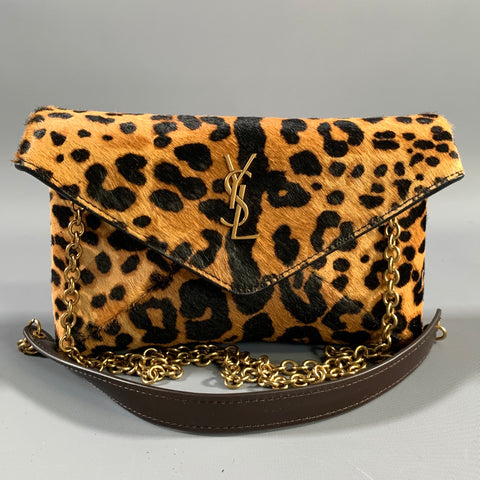 YSL Brown Black 710318 Leopard Pony Hair Envelope Bag