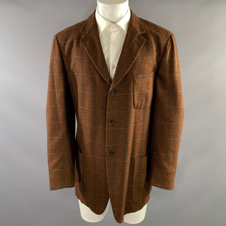 ERMENEGILDO ZEGNA Chest Size 44 Brown Blue Plaid Cashmere & Silk Sport Coat