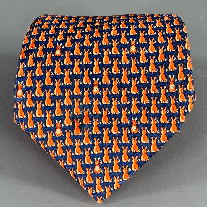 HERMES Navy Orange Rabbits Silk Tie