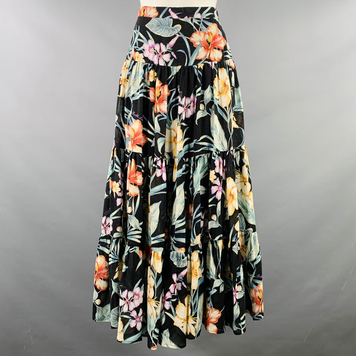 RALPH LAUREN Size 8 Black Sutton Multi Color Viscose Linen Floral Tiered Maxi Skirt