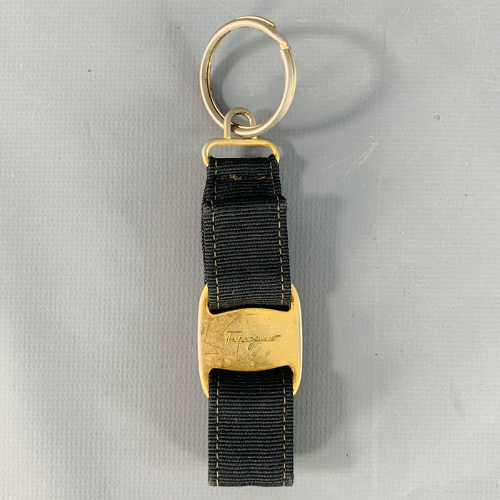 SALVATORE FERRAGAMO Black Gold Nylon Metal Logo Strap Keychain