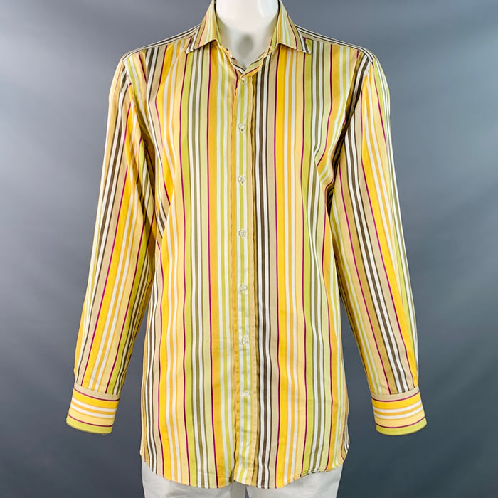 ETRO Size 44 Yellow Green White Stripe Cotton Curved Cutaway Long Sleeve Shirt