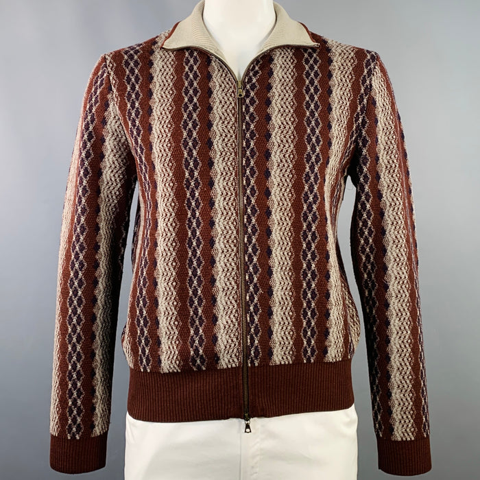 DRIES VAN NOTEN Size L Beige Orange Geometric Wool Zip Up Sweater