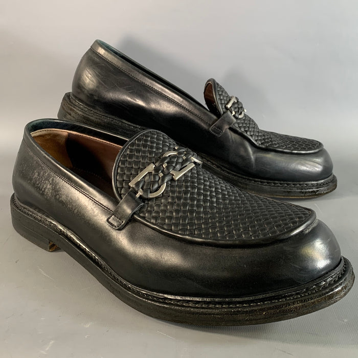SALVATORE FERRAGAMO Size 12 Black Silver Woven Leather Penny Loafers