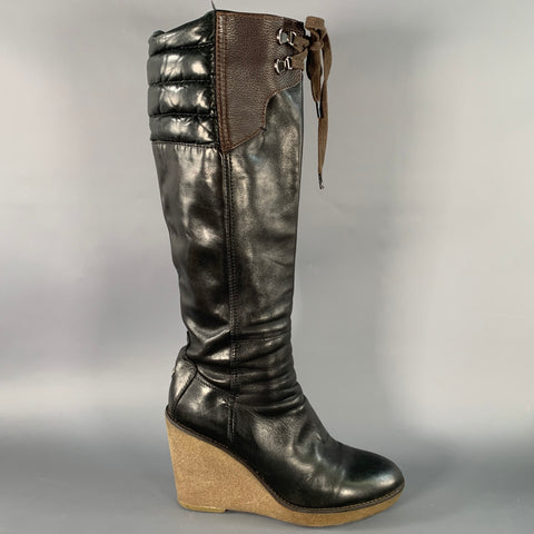 MONCLER Size 10 Black Brown Leather Knee High Crepe Sole Wedge Boots