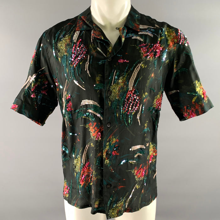 DRIES VAN NOTEN Size L Black Sequined Camp Short Sleeve Shirt