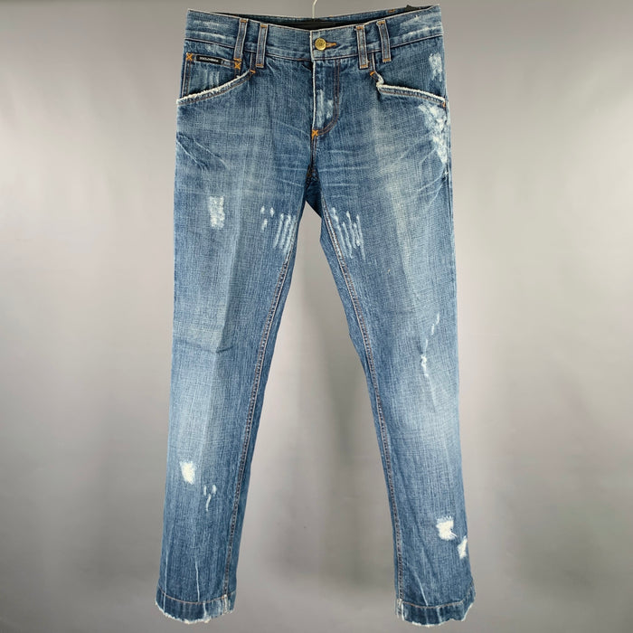 DOLCE & GABBANA Size 32 Blue Distressed Cotton Jeans