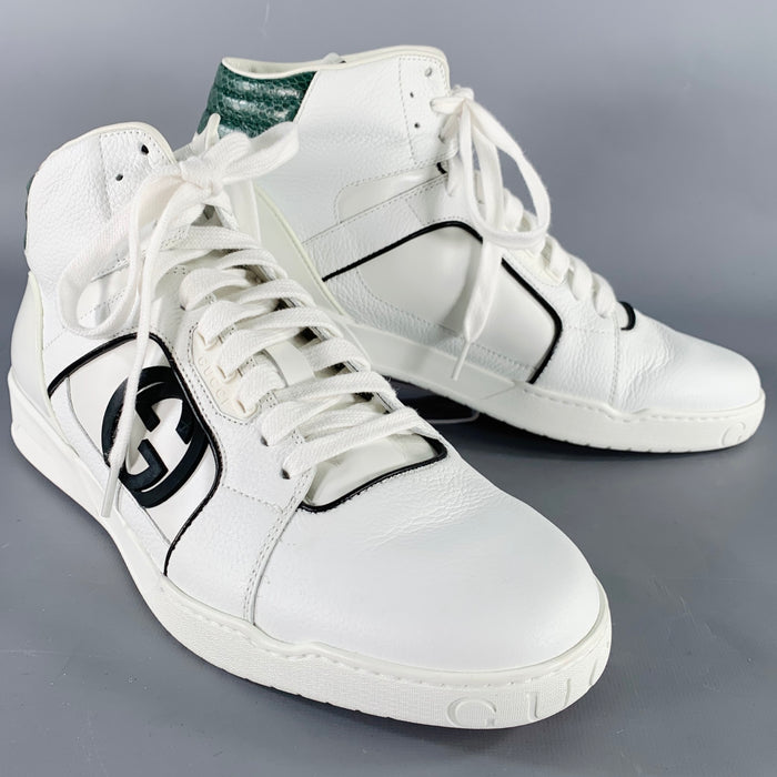 GUCCI Size 10 White Green Black Color Block Leather High Top Sneakers