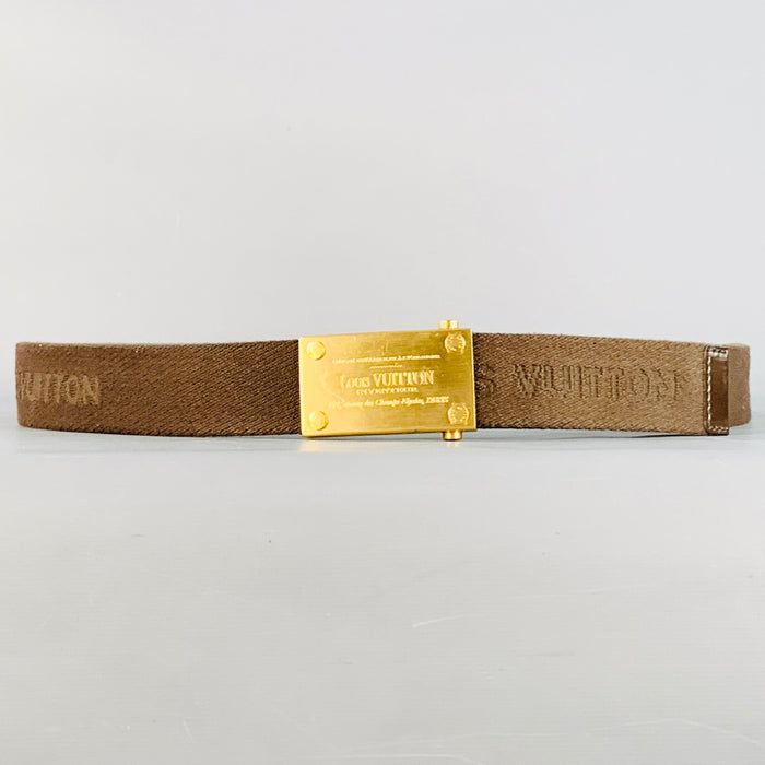 LOUIS VUITTON Size 40 Inventeur Brown Gold Logo Canvas Box Buckle Belt
