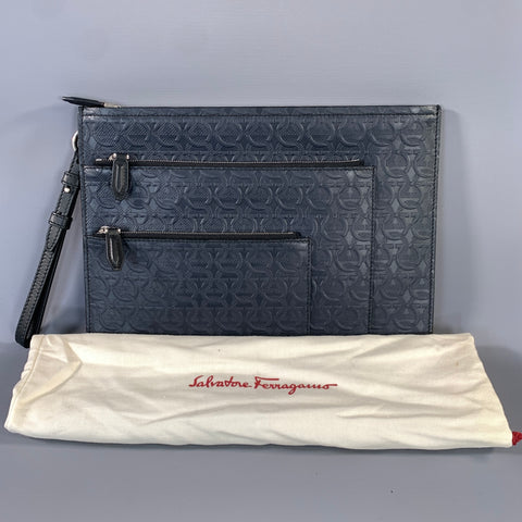FERRAGAMO Navy Monogram Leather Wristlet Bag