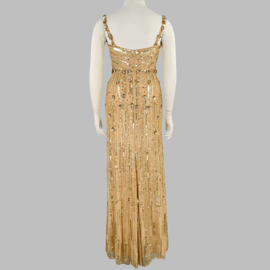 JENNY PACKHAM Pre-Fall 2022 Size 10 Bright Gem Gold Nude Polyester Beaded Sleeveless Evening Gown