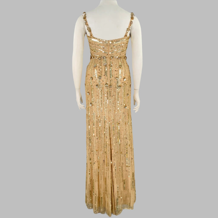 JENNY PACKHAM Pre-Fall 2022 Size 10 Bright Gem Gold Nude Polyester Beaded Sleeveless Evening Gown