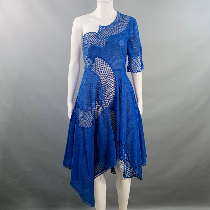 STELLA McCARTNEY Size 2 Royal Blue Nude Lace One Sleeve Asymmetrical Midi Cocktail Dress